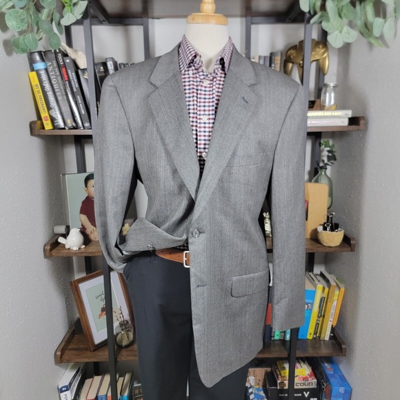 Club Room Men's Sport‎ Coat Blazer Two Button Gray Herringbone Wool Cashmere 46L